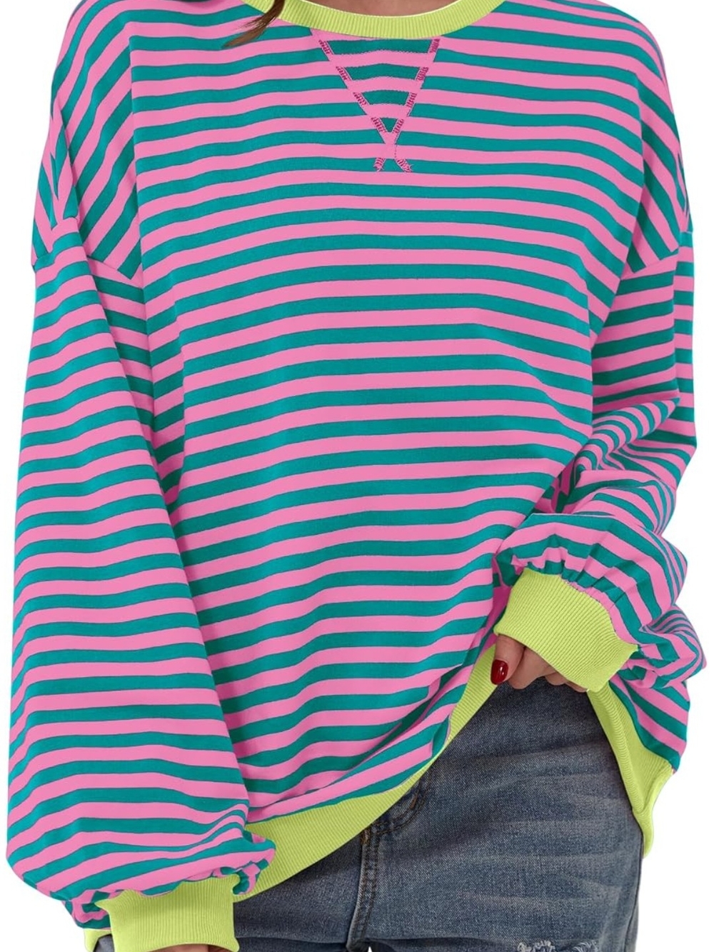 Striped Crewneck Sweatshirt in Pink & Teal with Lime Trim